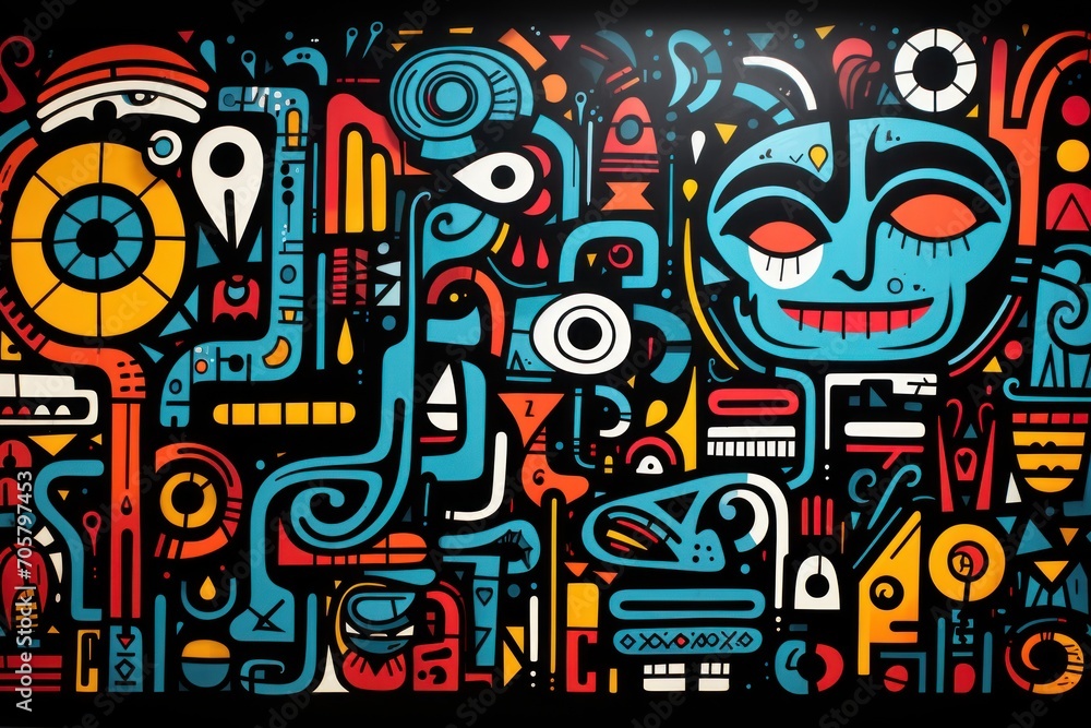  a colorful painting of a face surrounded by many different shapes and sizes of lines and shapes on a black background with a spot light at the top of the picture.