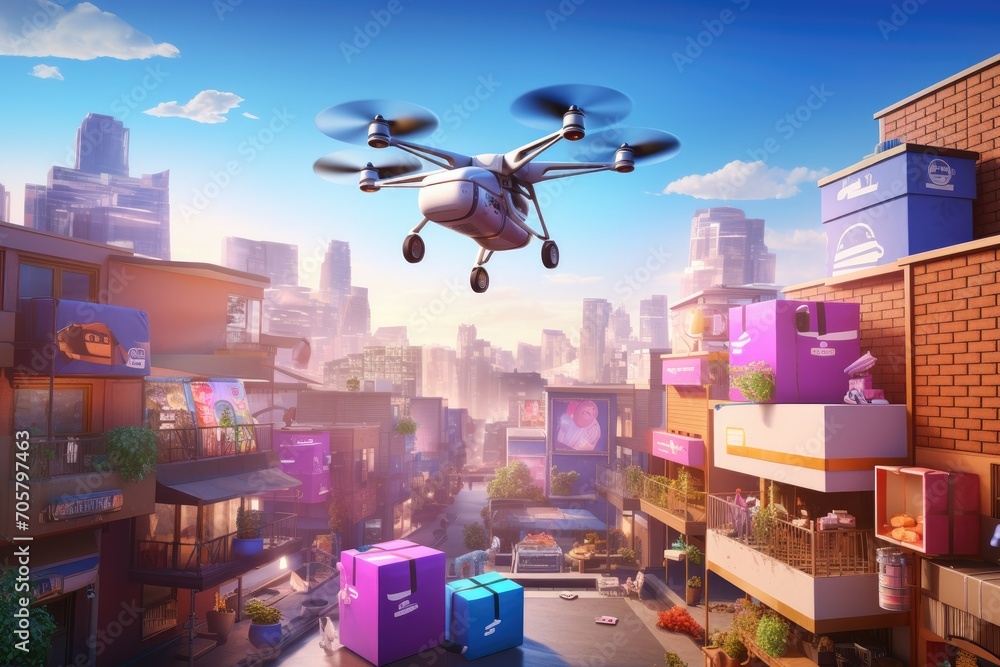 Drone With Digital Camera Flying Over The City At Sunset 3d Rendering