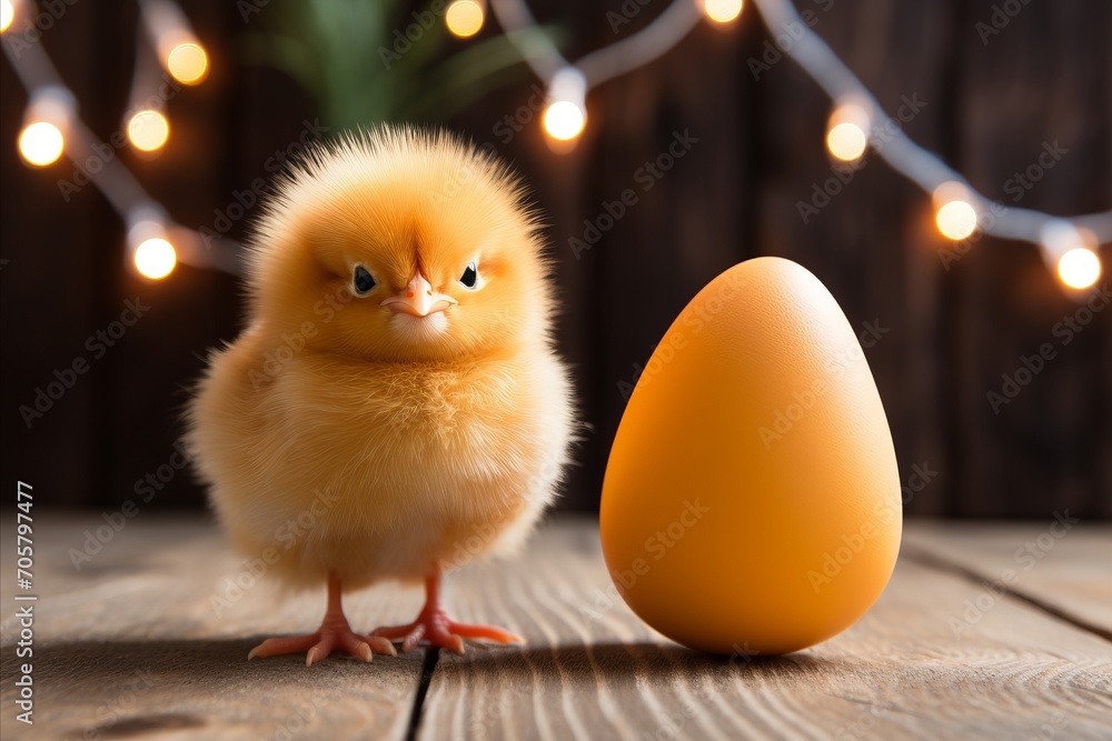 Easter Concept. Cute Yellow Chick with Decorated Egg on a table, Spring Holiday Celebration