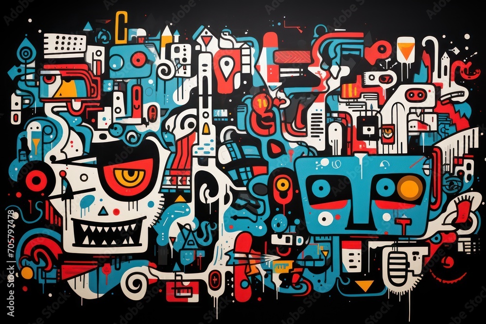 a picture of a painting on a wall with a lot of different colors and shapes on it and a black background with a red, blue, yellow, red, orange, and white, and orange, and black design. a picture of a painting on a wall with a lot of different colors and shapes on it and a black background with a red, blue, yellow, red, orange, and white, and orange, and black design.