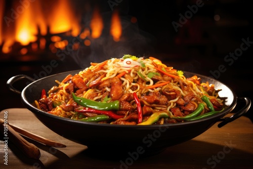 Chinese noodles with pork and vegetables in a wok on fire background, Experience a flaming spice sensation with sizzling stir-fried noodles, engulfed in fiery flames for mouthwatering, AI Generated