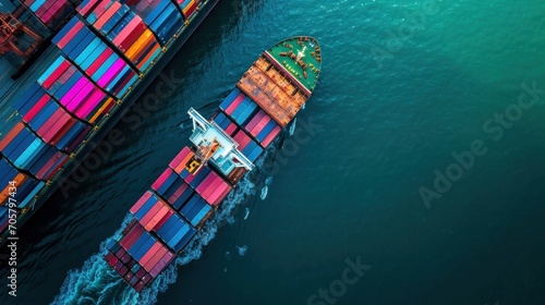 aerial view of cargo ship and cargo container in harbor 