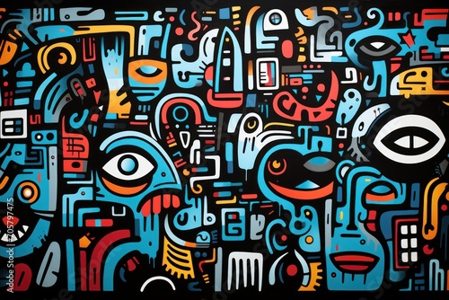  a close up of a painting on a wall with many different shapes and sizes of faces and lines of different colors and shapes on a black background of blue, red, orange, red, white, blue, and black.