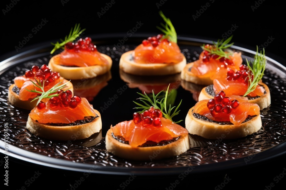 a close up of a plate of food with crackers and garnishes on top of a black plate with a black table cloth and a black background. a close up of a plate of food with crackers and garnishes on top of a black plate with a black table cloth and a black background.