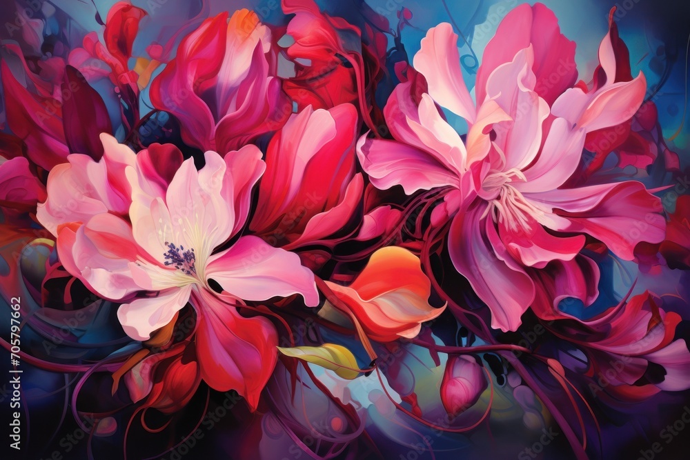  a painting of pink and red flowers on a black background with blue and red swirls on the bottom half of the painting and the top half of the flowers on the bottom half of the image.