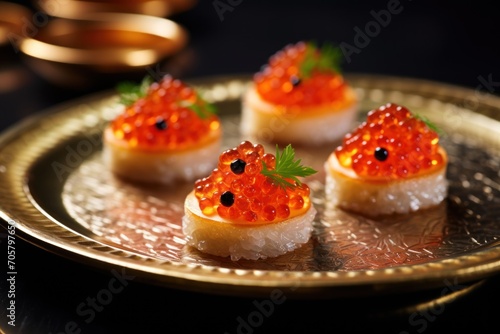  three small pieces of sushi with red cavias on top of them on a gold plate with a gold rim and a gold plate with a gold rim.