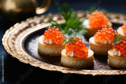  small appetizers on a gold plate with a green garnish on the top of the appetizer, with a gold teapot in the background.