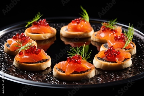  a close up of a plate of food with crackers and garnishes on top of a black plate with a black table cloth and a black background.