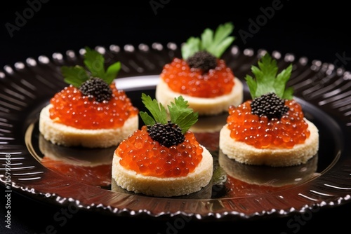  a plate topped with mini crackers covered in red cavia and topped with green leafy garnish on top of a black plate with a black background.