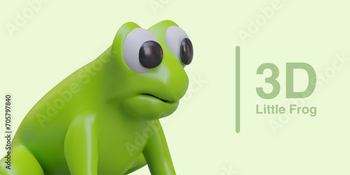 Small green frog, side view. Vector realistic amphibian. Funny character with big eyes. Template with place for text. Advertising concept in cartoon style