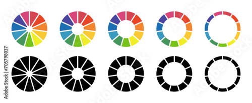 Set of infographic circle chart, pies segmented with equal parts. Infographic diagram multicolored collection. Wheels divided in eleven sections. Circle section graph. Pie chart round. Loading bar set