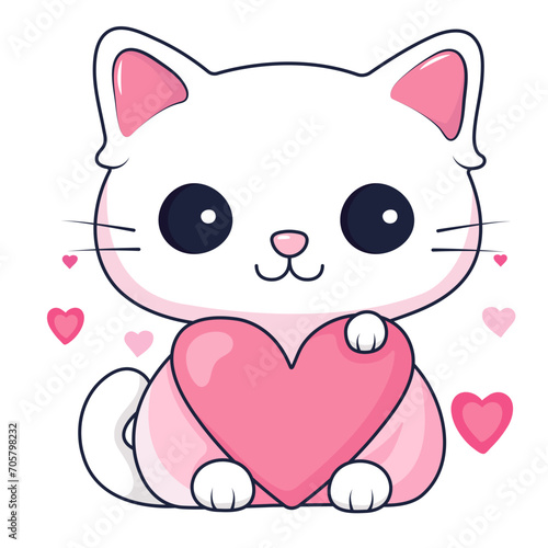 Kawaii cat with heart for Valentine's day. Vector illustration