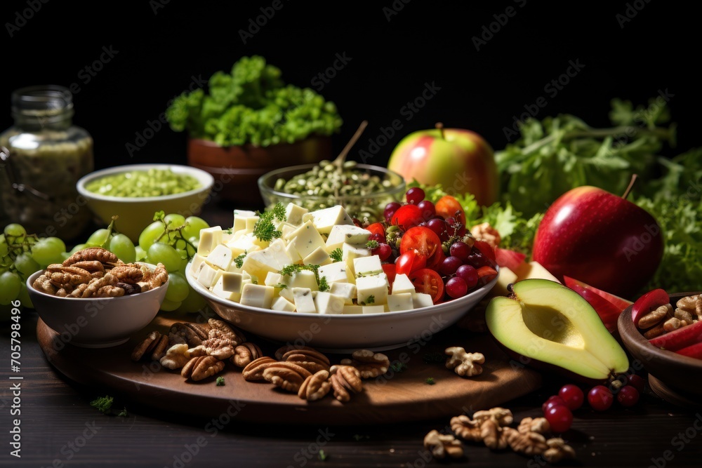  a variety of fruits and vegetables are arranged on a cutting board, including apples, grapes, walnuts, pecans, apples, grapes, walnuts, and parsley.