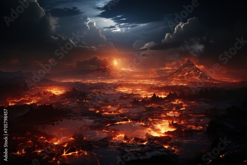  a dark landscape with a mountain in the distance and a lot of lava in the foreground, with bright orange flames in the foreground, and dark clouds in the background.