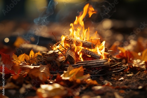  a close up of a fire in the ground with leaves on the ground and a blurry background of leaves on the ground, with a blurry image in the foreground. © Nadia