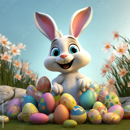 Very happy little white rabbit full of colorful Easter eggs. Design illustration 3D modeling design concept.