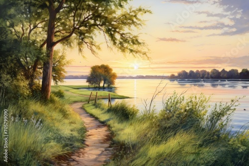  a painting of a path leading to a lake with a bench in the foreground and trees on the other side of the path, with a sunset in the background.