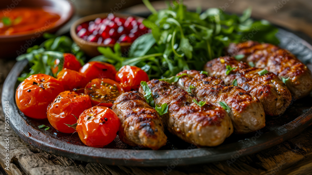 Georgian kebab on a wooden old table, served with tkemali plum sauce or tomato satsebeli, lunch in an old Georgian cafe, agrotourism and travel to popular places Georgian kebab on a wooden old table, served with tkemali plum sauce or tomato satsebeli, lunch in an old Georgian cafe, agrotourism and travel to popular places