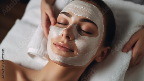 Facial skin care procedures in a beauty. Beauty treatment  scrup  applies mask  womanlays on the coach for beauty procedures   Generated AI