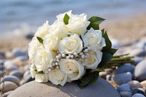  a bouquet of white roses sitting on top of a rock next to a body of water with rocks in the foreground and pebbles on the ground in the foreground.