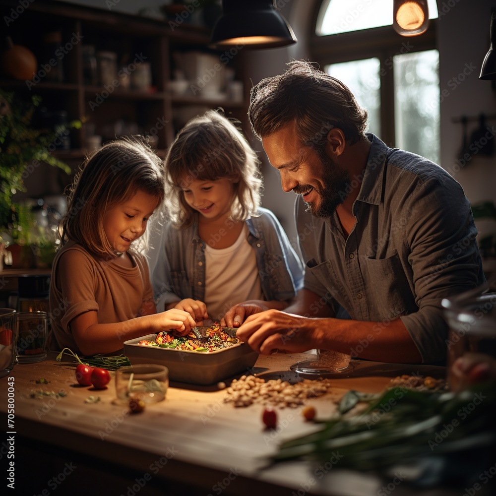 Foto de Feliz familia joven con niños cocinando juntos en la cocina ...