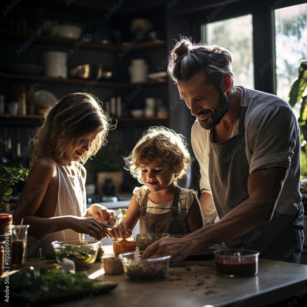 Feliz familia joven con niños cocinando juntos en la cocina preparando ...