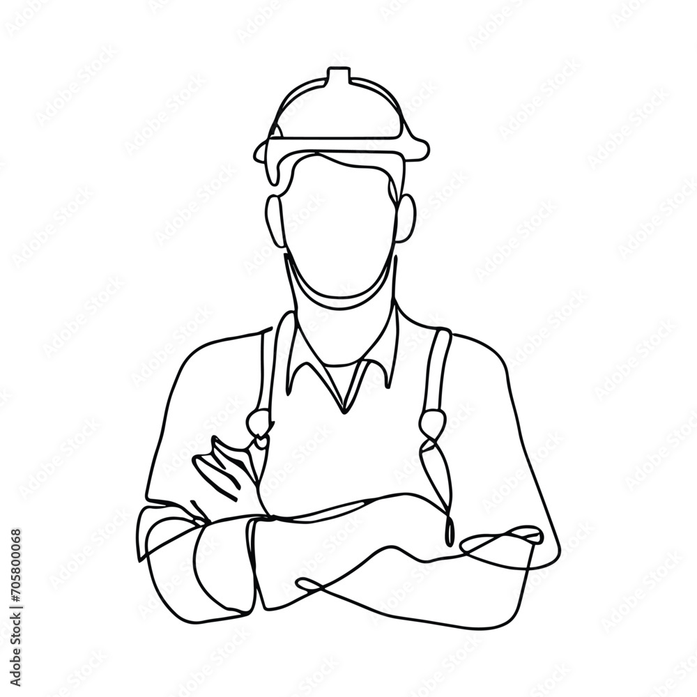 continuous line art construction worker, illustration