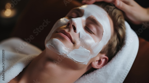 Facial skin care procedures in a beauty. Beauty treatment, scrup, applies mask, man lays on the coach for beauty procedures, Generated AI