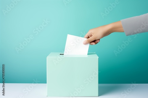 The hand drops a piece of paper into the ballot box - the concept of election day. Making a political choice by voting for a candidate at a polling station is a civic responsibility.