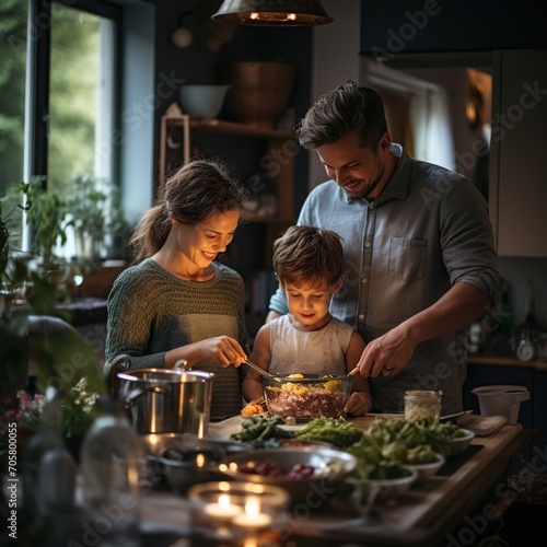 Feliz familia joven con niños cocinando juntos en la cocina preparando una ensalada y comida saludable. Estilo de vida en familia.