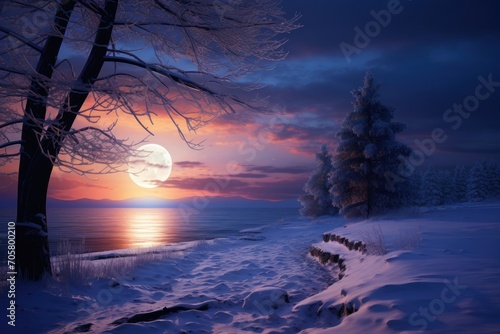  a painting of a snowy landscape with a full moon in the distance and trees in the foreground, and a body of water in the foreground with snow on the foreground. © Nadia