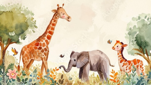 Joyful Safari Friends in a Whimsical Jungle  Playful Lion  Giraffe  Elephant  and Flora.