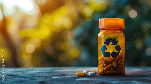 An eco-friendly medical pill bottle featuring a prominent recycling symbol, emphasizing the importance of proper medical waste disposal and environmental responsibility after medication expiration.