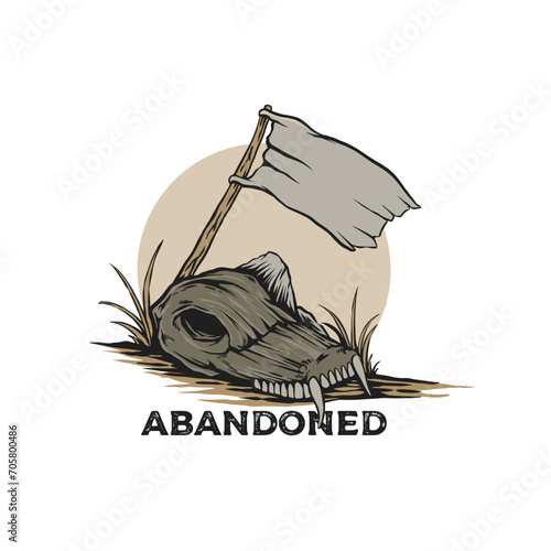 vintage illustration of animal Skull with flag on back