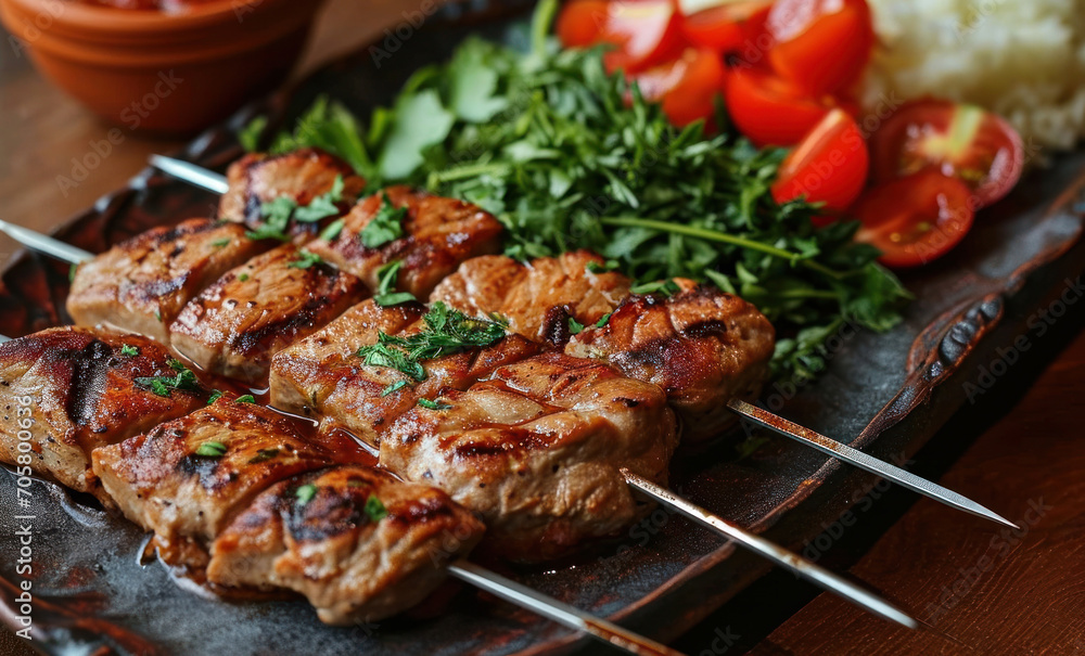 Late dinner in a cafe, shish kebab on skewers served on a board in a traditional Georgian restaurant, meat with tomatoes and and herbs, gastronomic tourism and travel to popular places,