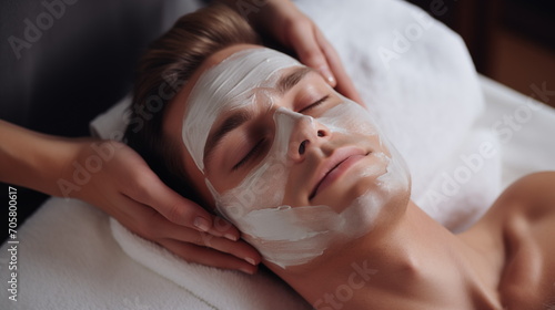 Facial skin care procedures in a beauty. Beauty treatment, scrup, applies mask, man, Generated AI