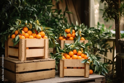  a group of crates filled with oranges sitting on top of a wooden pallet next to a planter filled with oranges on top of another pallets. © Nadia
