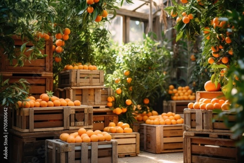  a bunch of crates filled with oranges in a room filled with green plants and oranges hanging from the ceiling of a room filled with lots of oranges. © Nadia