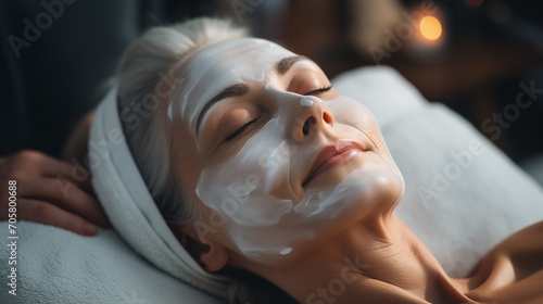 Facial skin care procedures in a beauty. Beauty treatment, scrup, applies mask, old woman lays on the coach for beauty procedures, Generated AI