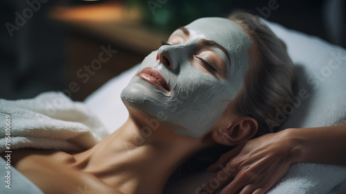 Facial skin care procedures in a beauty. Beauty treatment, scrup, applies mask, old woman lays on the coach for beauty procedures,  Generated AI photo