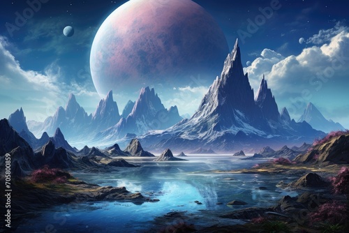 Fantasy alien planet. Mountain and lake. 3D illustration  Fantasy depiction of an alien planet featuring mountains and a lake  AI Generated