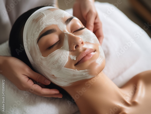 Facial skin care procedures in a beauty. Beauty treatment, scrup, applies mask, woman, Generated AI