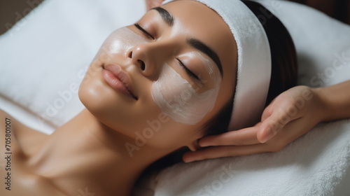 Facial skin care procedures in a beauty. Beauty treatment, scrup, applies mask, woman,  Generated AI photo