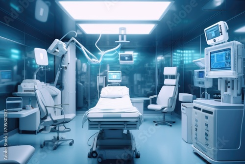 Interior of modern operating room with surgery equipment. 3d rendering, AI Generated