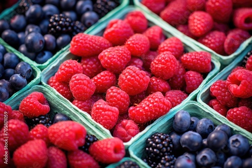 Close up of fresh berries in a basket for sale at a market, Farmers Market Berries Assortment Closeup, Strawberries, Blueberries, Raspberries in boxes, AI Generated
