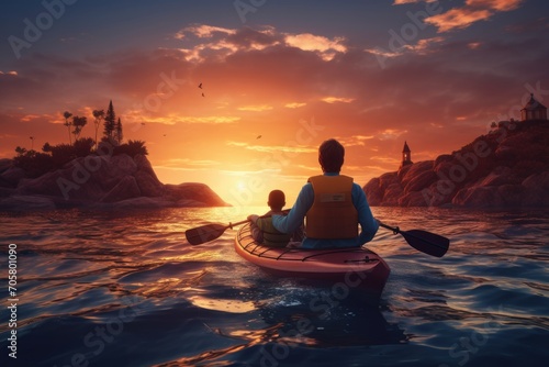 Woman and her son kayaking in the ocean at sunset. 3d render, AI Generated
