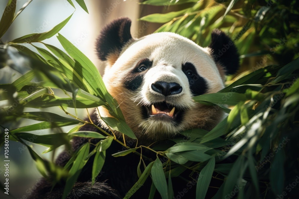 Obraz premium Giant panda eating bamboo leaves in Taipei zoo, Taiwan, Face of a panda chewing on bamboo, AI Generated