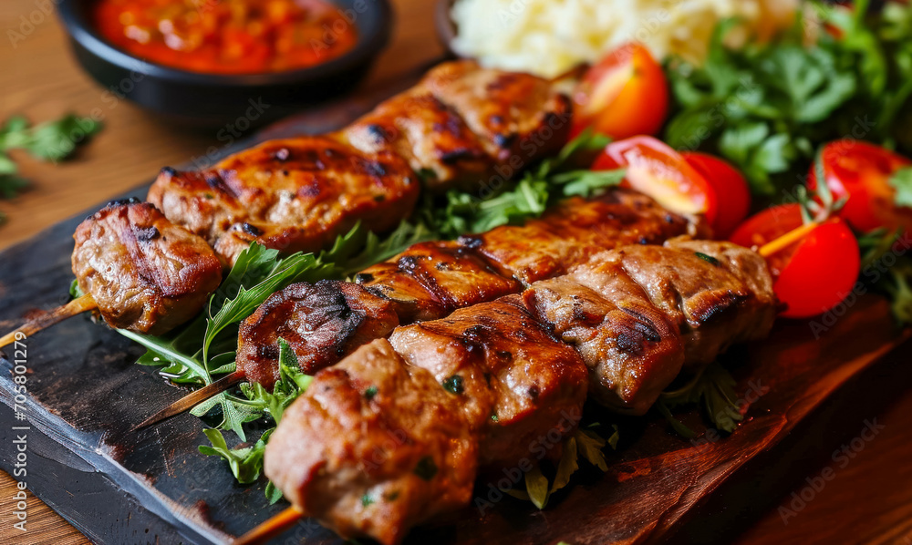 Shish kebab on a board on a wooden tray in traditional Georgian restaurant served with tomatoes and spices, gastronomic tourism and travel to popular places, idea for advertising or menu