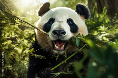 Portrait of a giant panda eating bamboo leaves in the forest, Face of a panda chewing on bamboo, AI Generated photo
