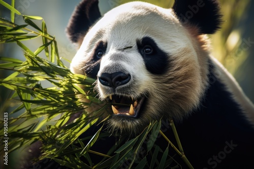 Portrait of giant panda bear eating bamboo in the zoo, Face of a panda chewing on bamboo, AI Generated photo